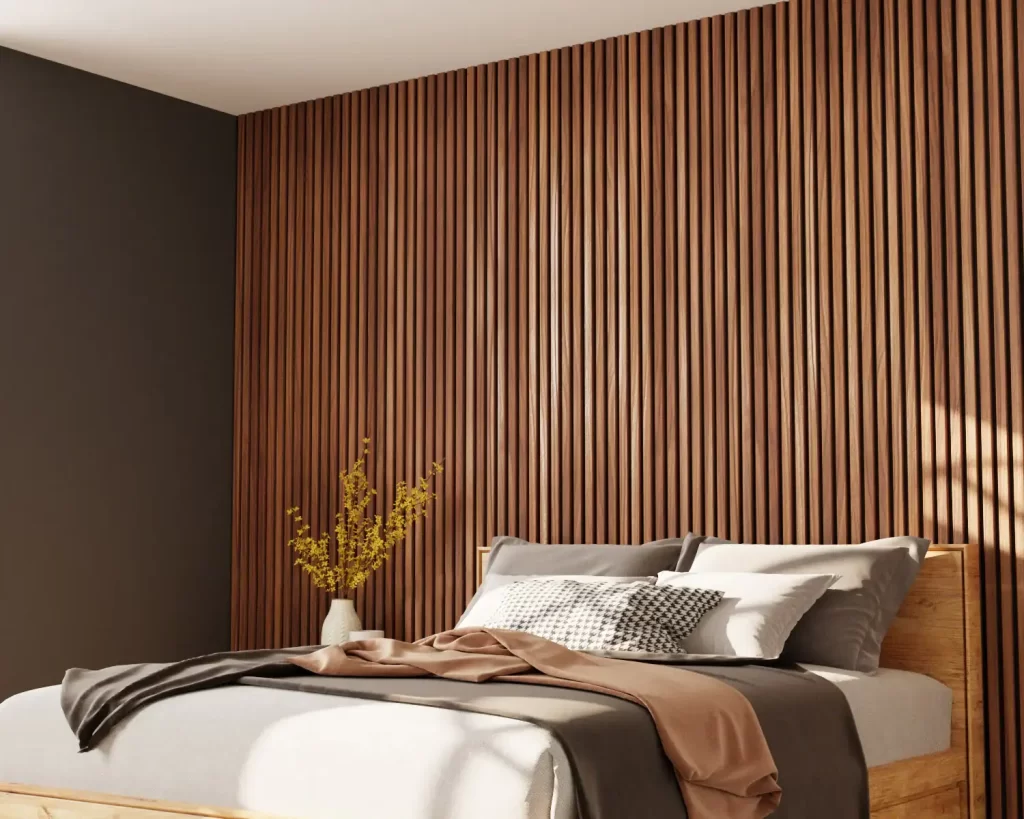 vertical wood slat accent wall in minimalist bedroom 2 Home