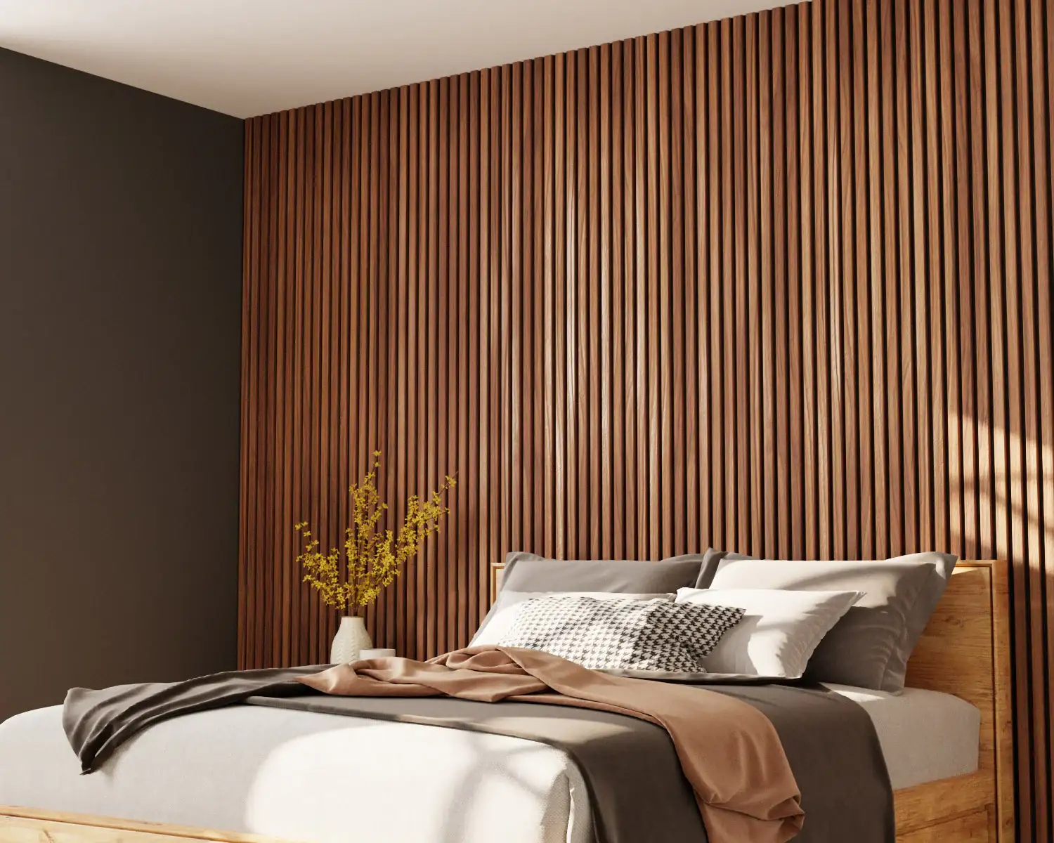vertical wood slat accent wall in minimalist bedroom 2 Home Improvement Methods with a Spotlight on Wooden Slat Walls